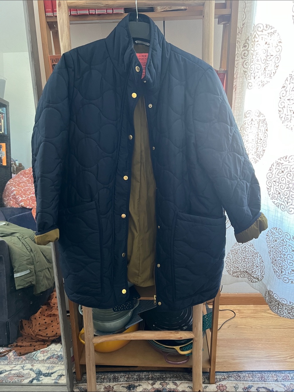 J. Crew Navy Quilted Puffer Jacket with Olive Lining